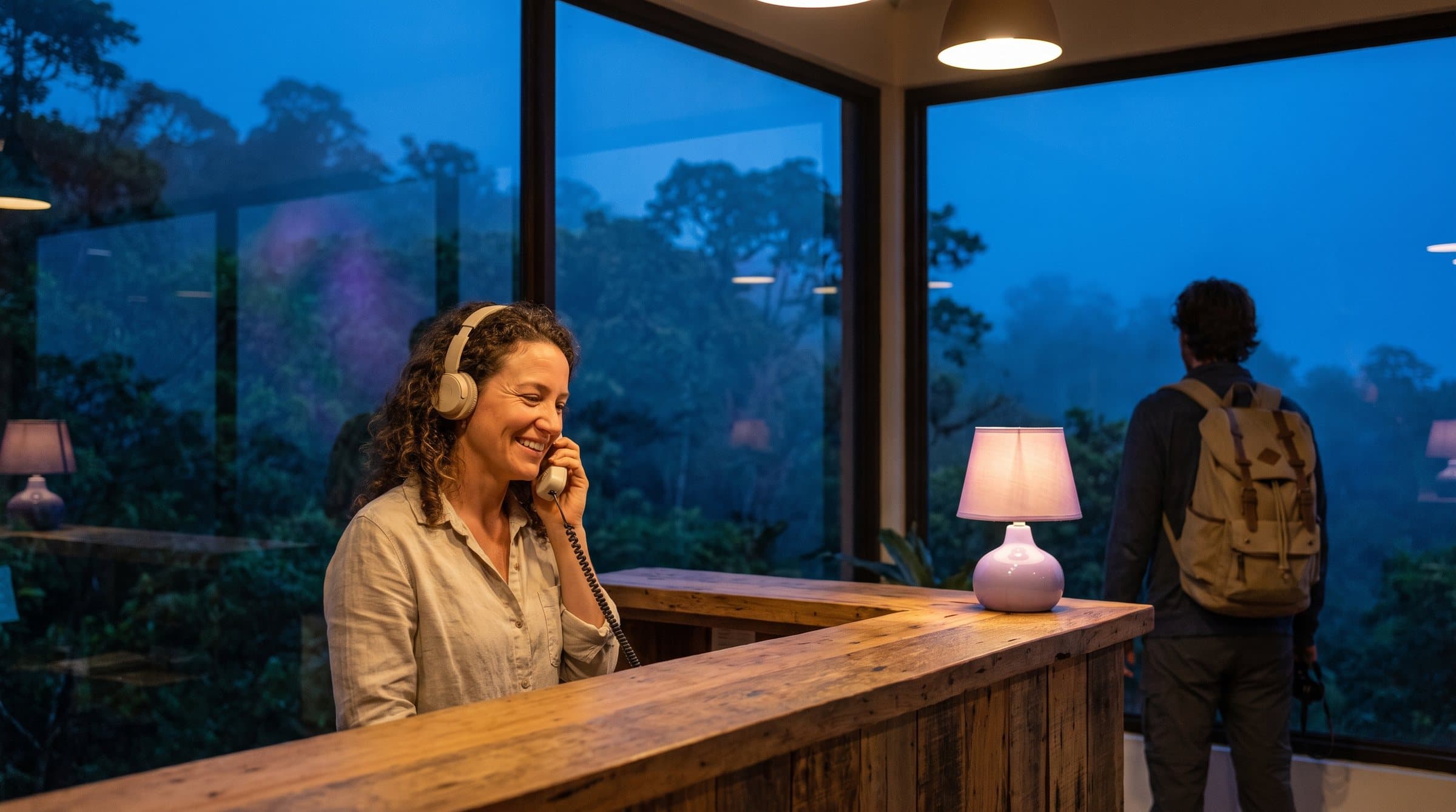 Recepcionista con diadema contestando el teléfono en la recepción de madera de un eco-lodge en el bosque nuboso de Monteverde, Costa Rica
